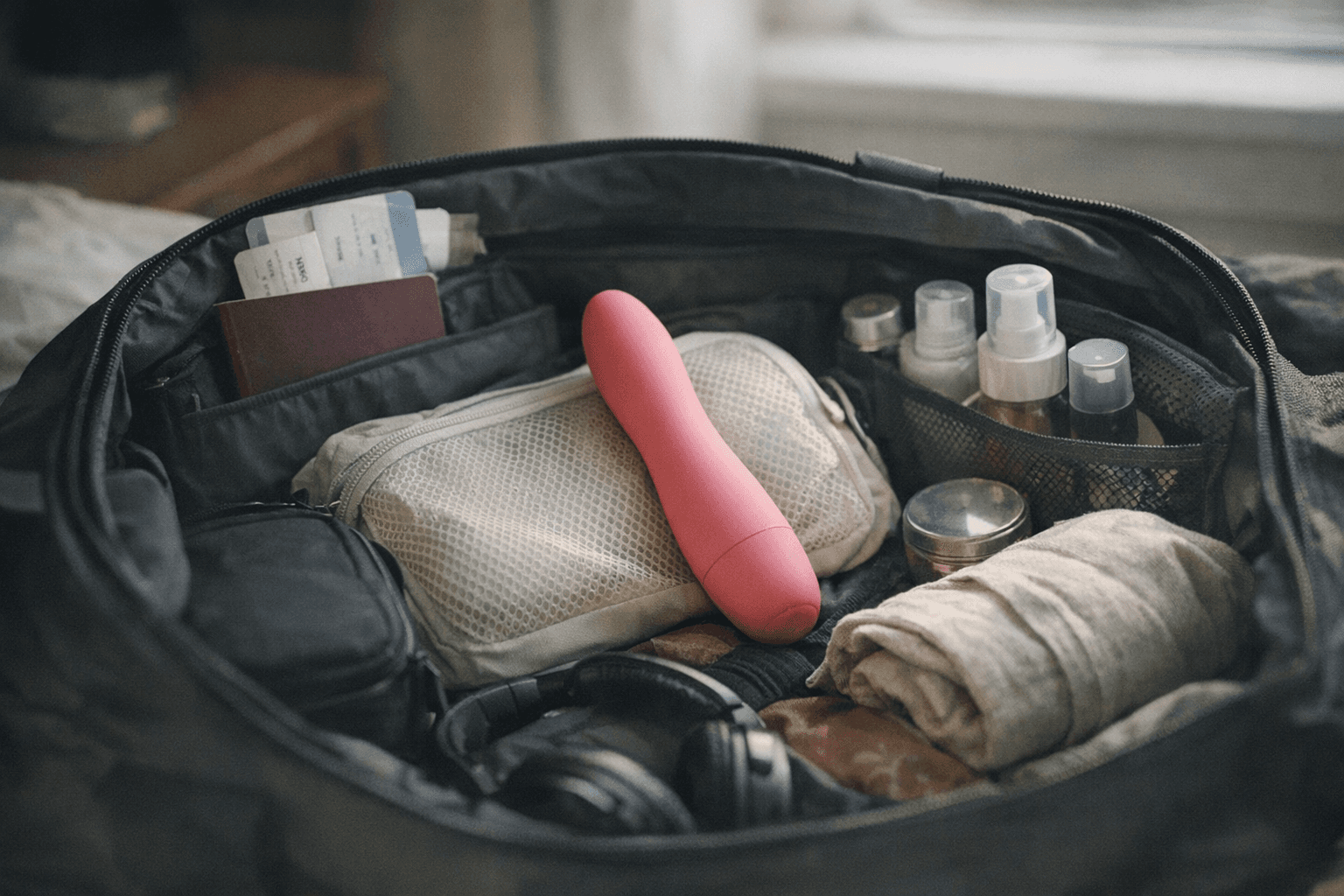 Travel bag with vibrator and essentials