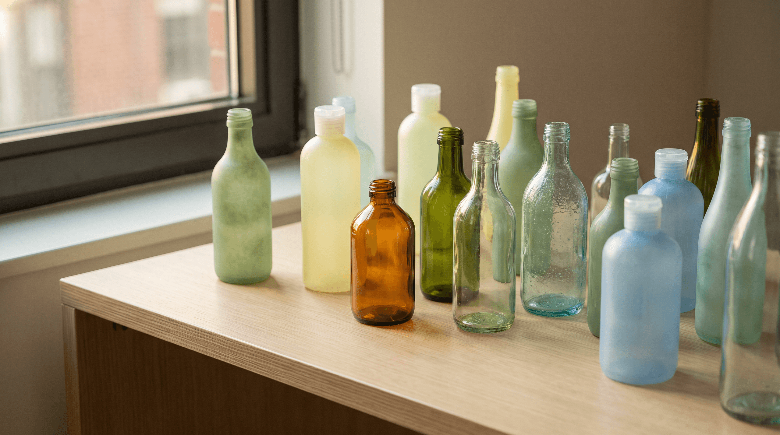 A variety of flavored lube bottles on a clean surface.