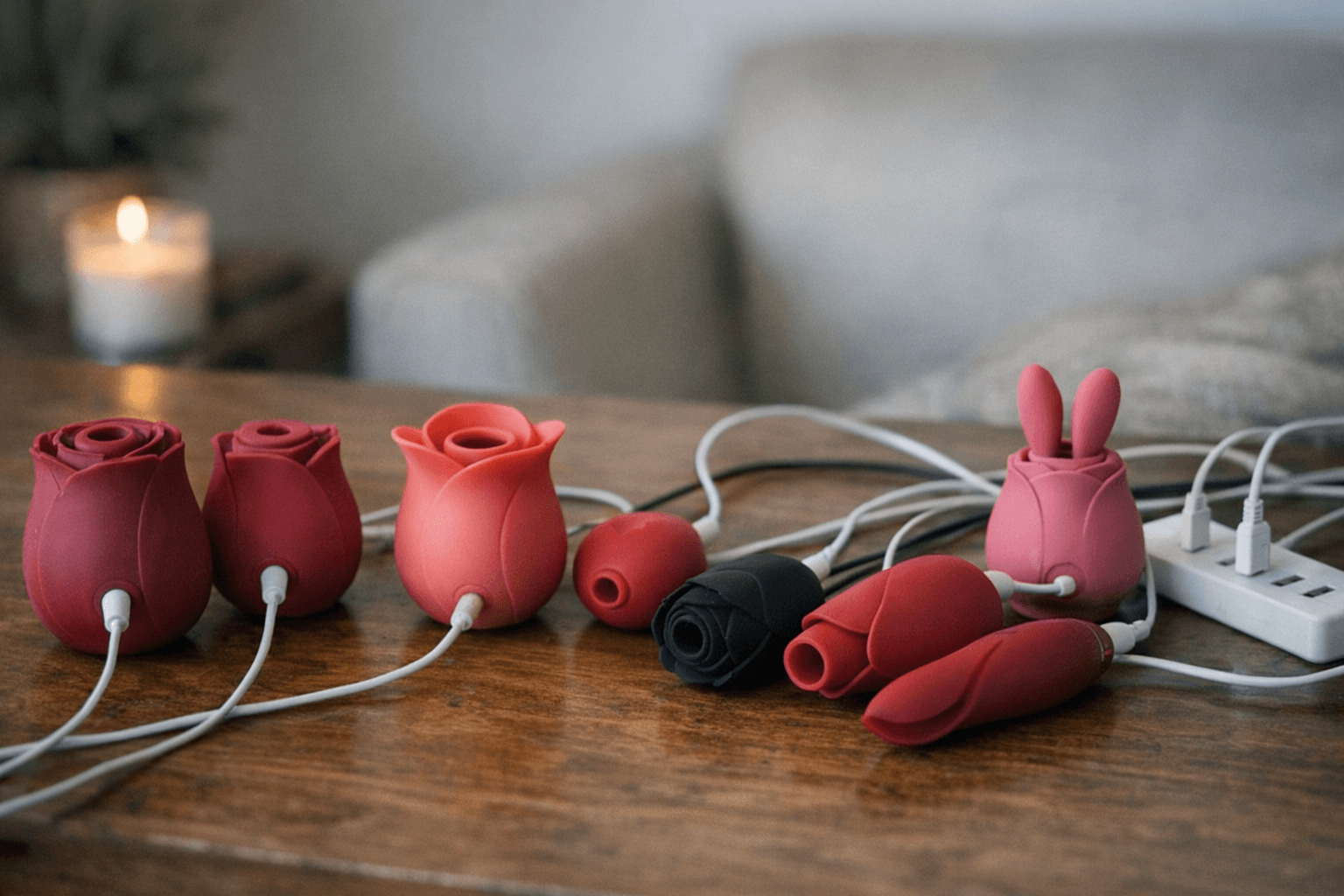 A variety of rose toy models charging on a table.
