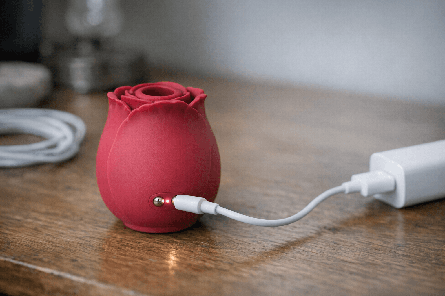 A rose toy being charged with a magnetic charger.
