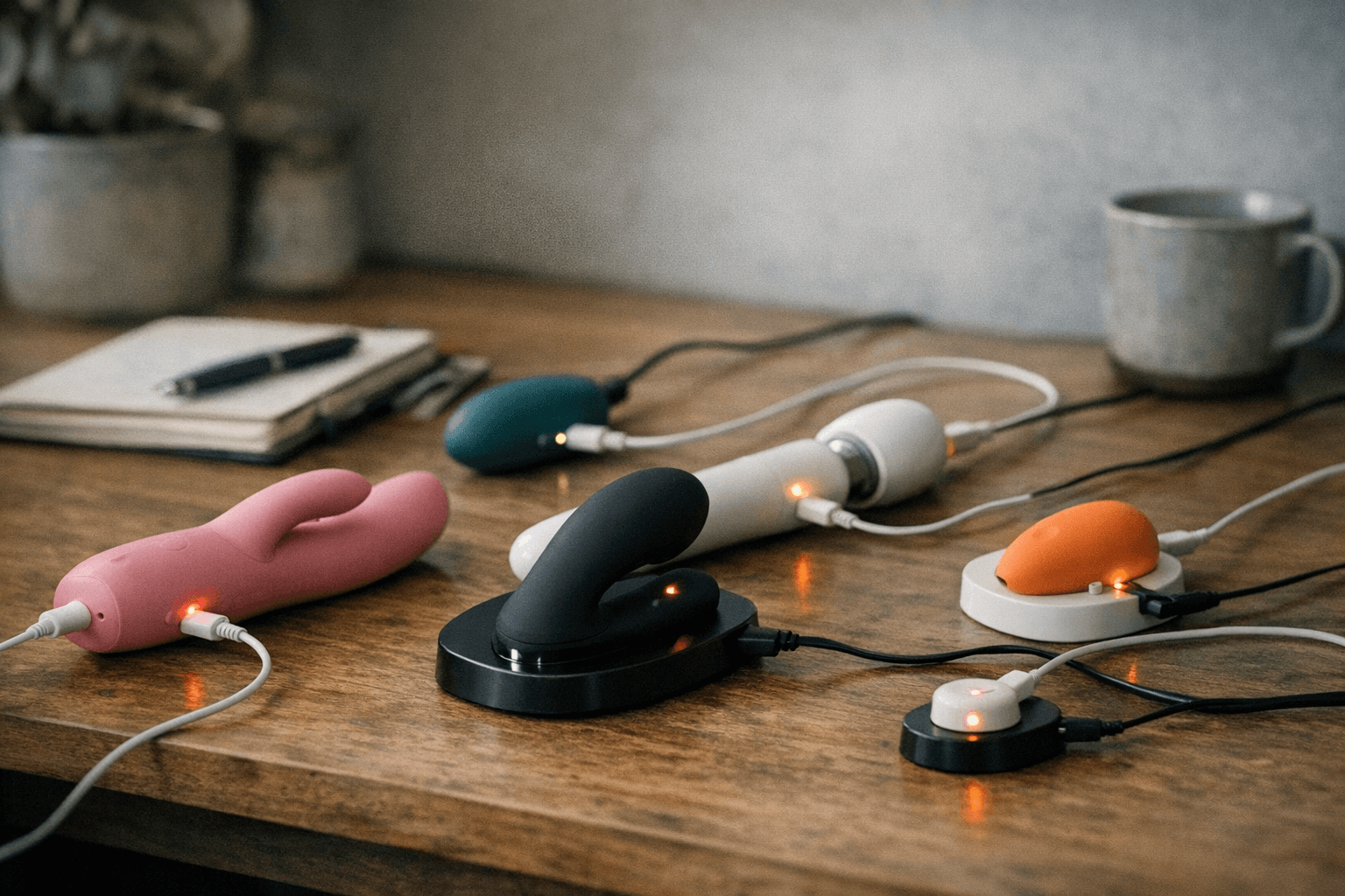 A workspace with vibrators and charging accessories.