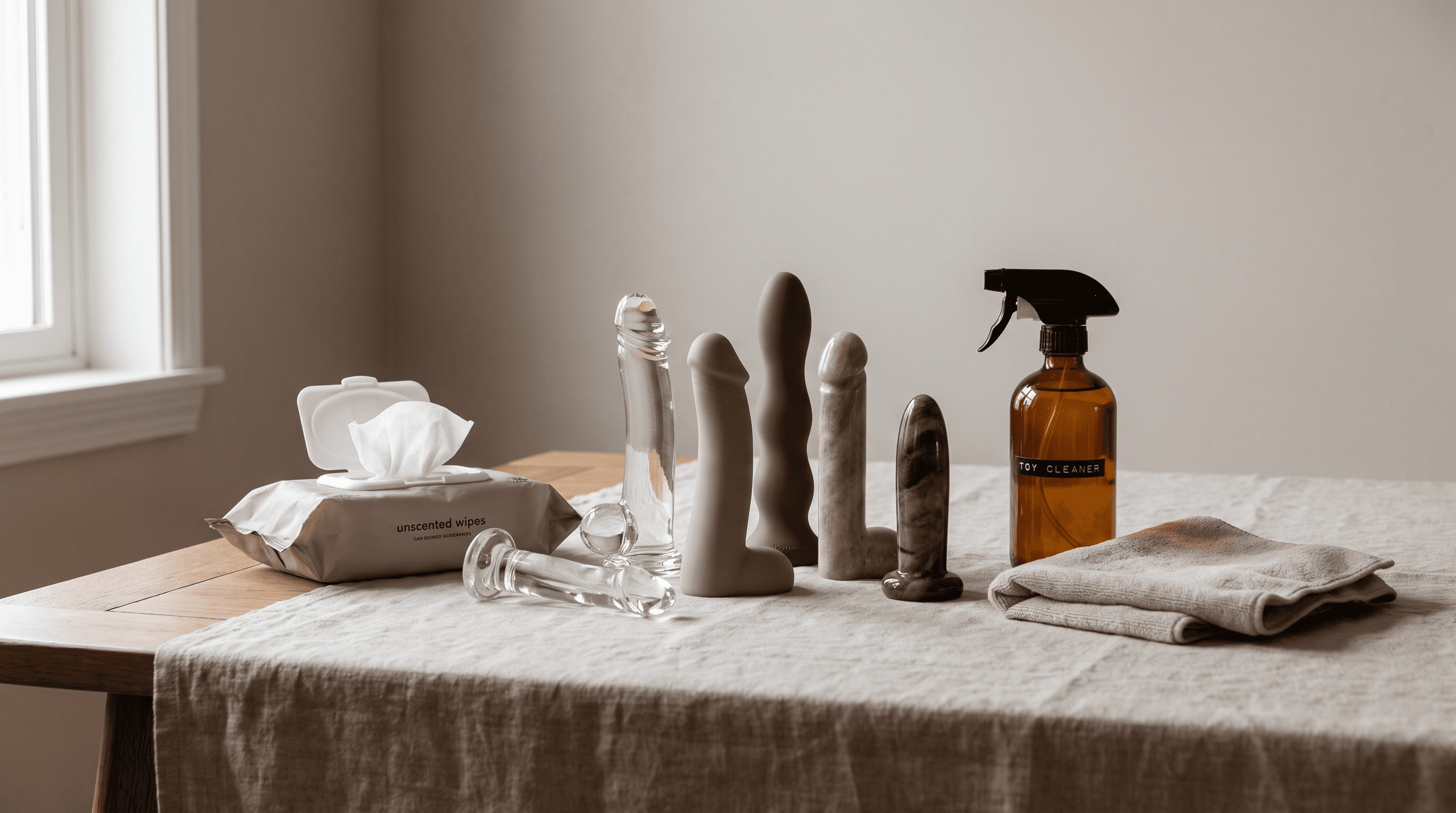 Various types of dildos and cleaning supplies