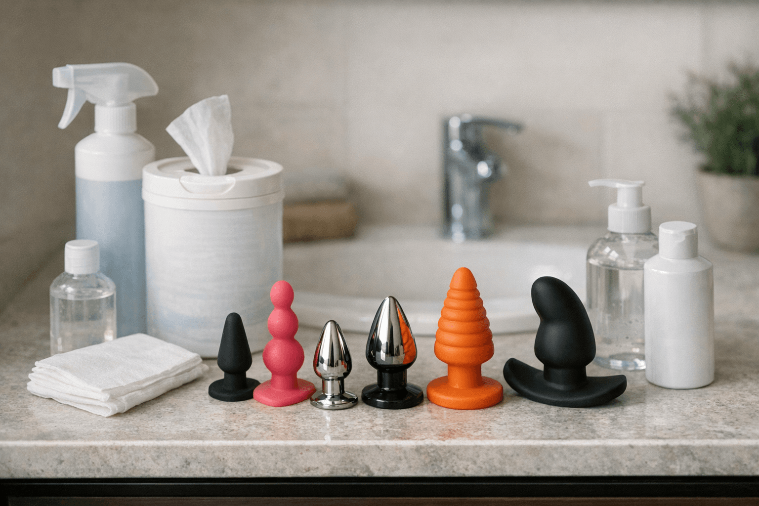 A clean bathroom countertop with anal toys and cleaning supplies.