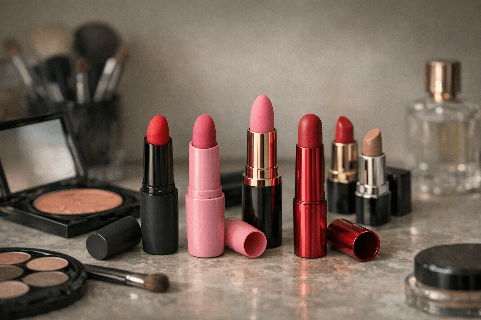 A collection of lipstick vibrators next to makeup products.