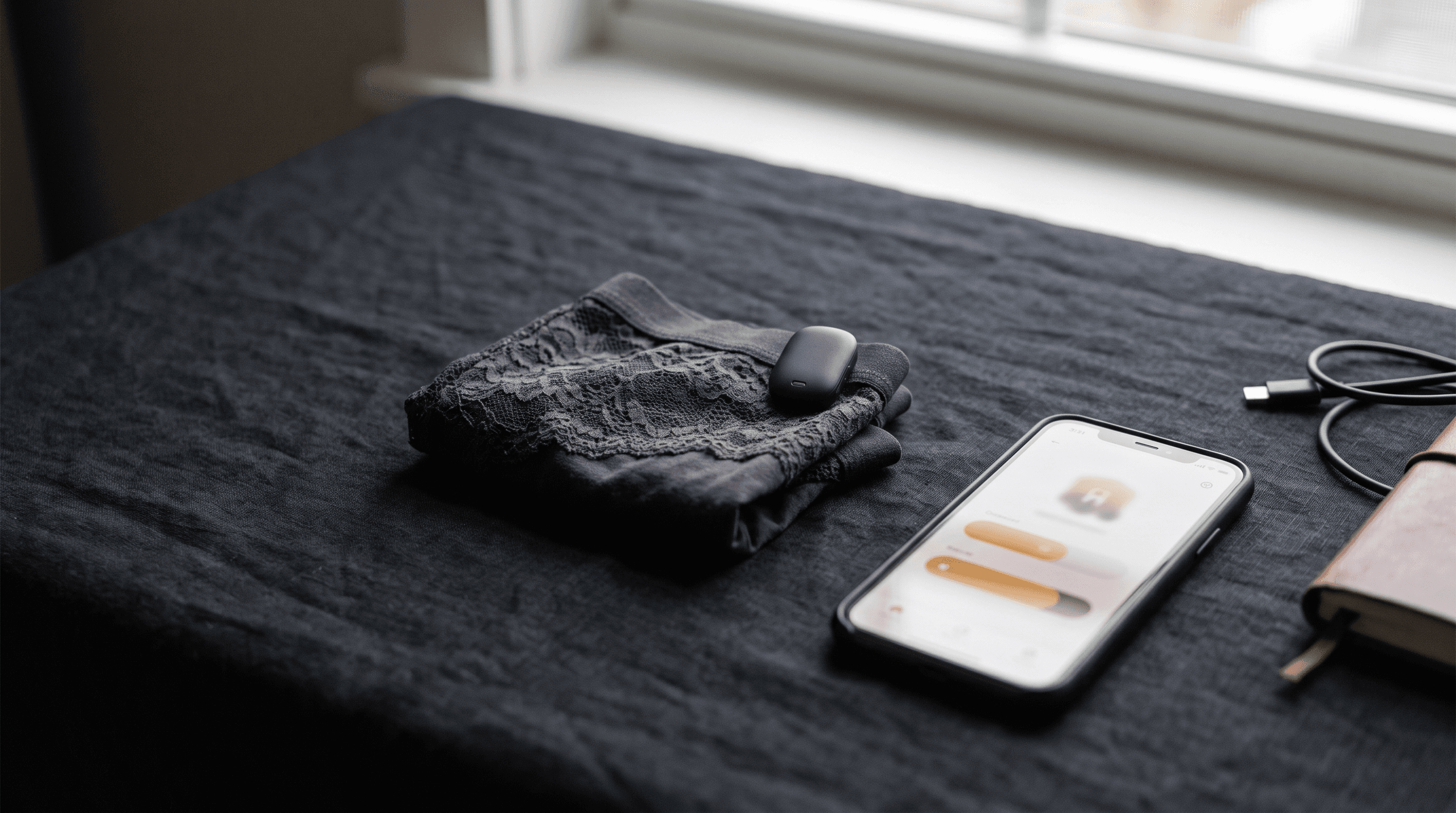 Stylish flat lay of vibrating panties and a smartphone.