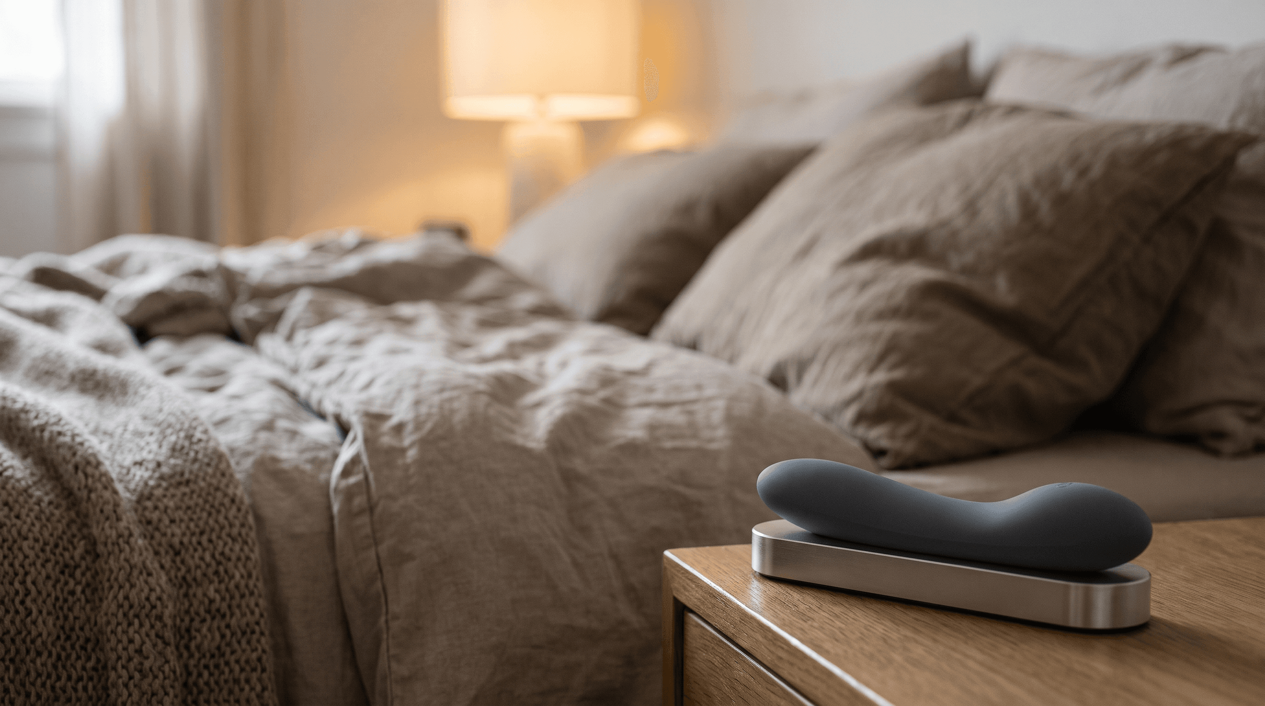 A modern vibrator on a charging dock in a cozy bedroom.