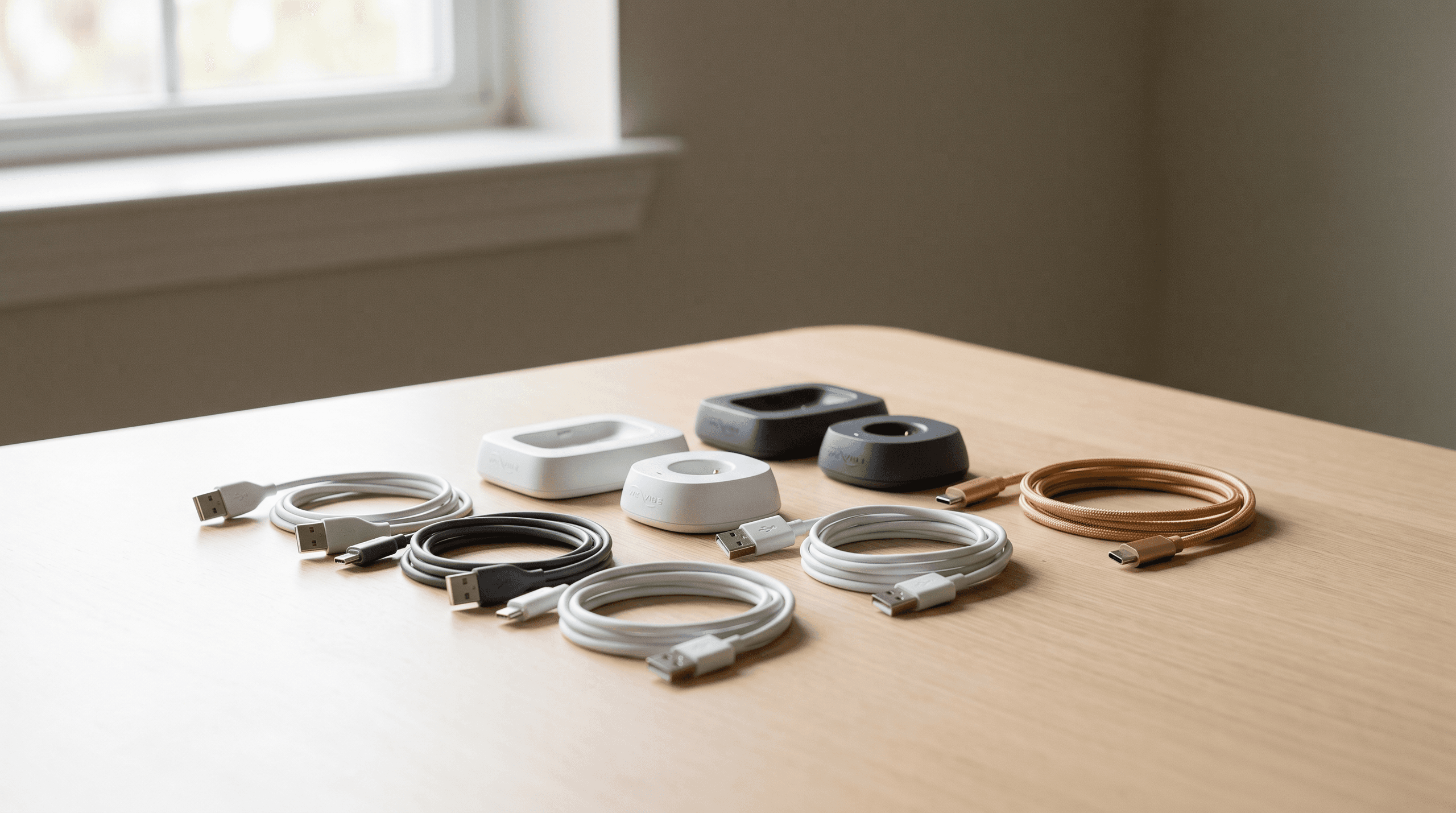 Various We-Vibe chargers, cables, and docks