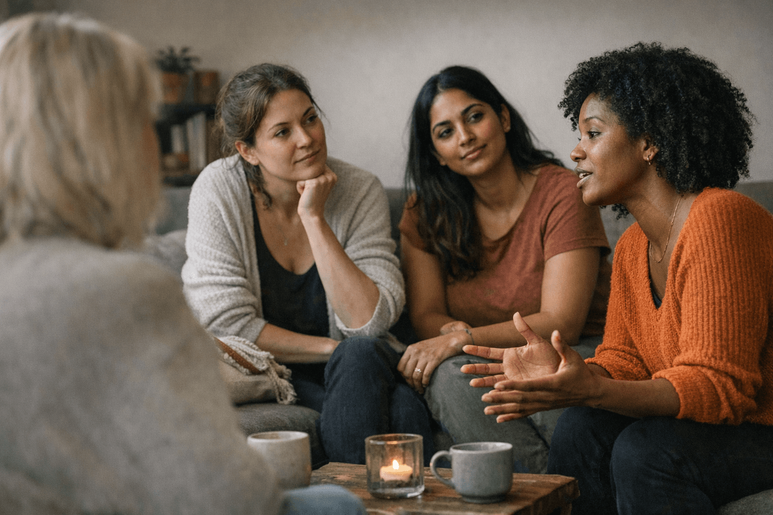 Women discussing female orgasms in a comfortable environment.