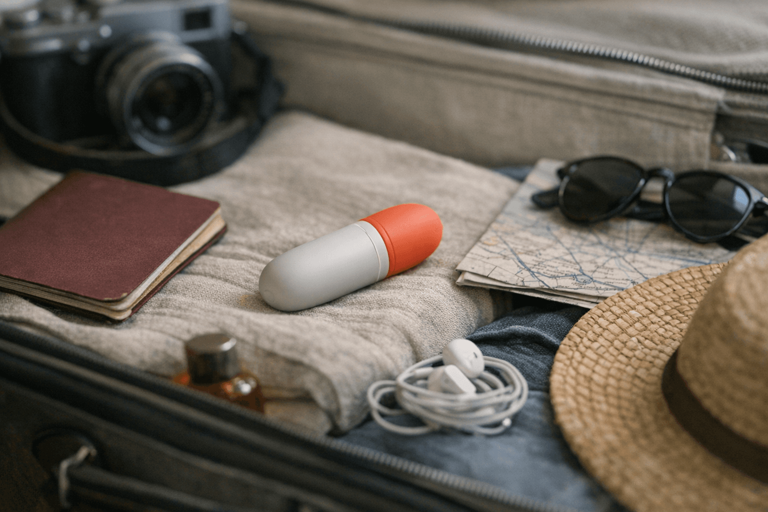 Travel vibrator on a suitcase with travel accessories