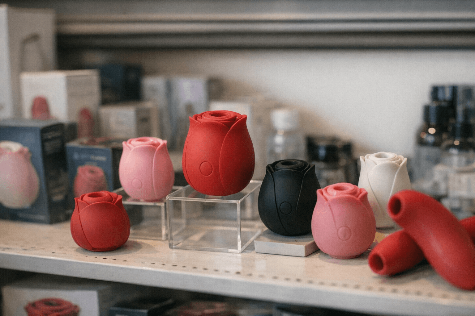 Various rose toys in a retail setting