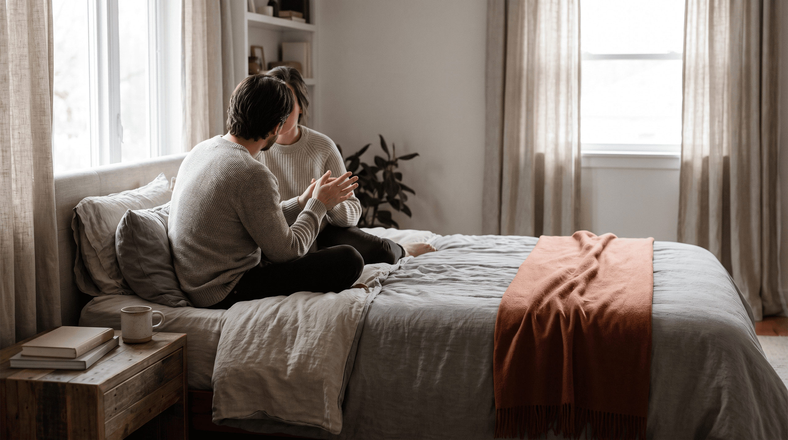 A couple discussing sexual health in a comfortable bedroom setting.