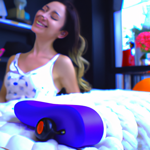 vibrating personal massage device with a very happy woman